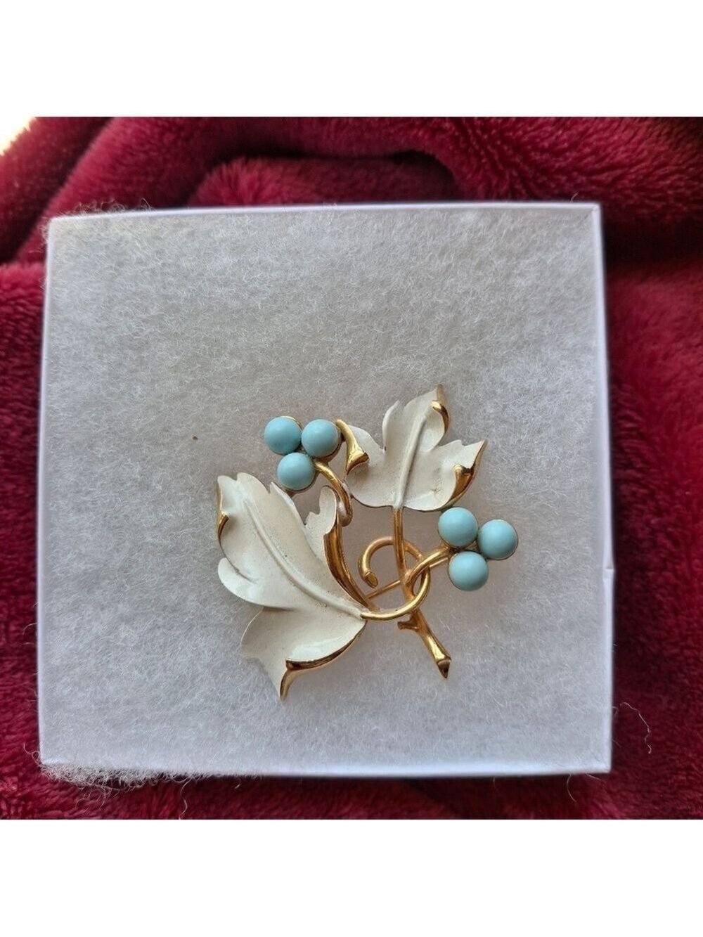 Sarah Coventry Vintage Gold and White Leaf Brooch with Blue Accents